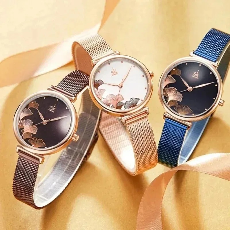 Luxury Watch Gift For Her - Luxus Damen Uhr mit Ginkgo-Motiv, elegant,